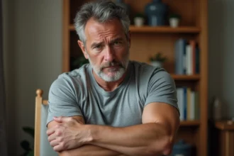 Homme d'âge mûr regardant son avant-bras avec inquiétude, assis dans un salon, illustrant les contractions musculaires involontaires