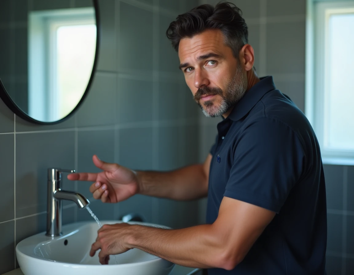 Homme appliquant de l'eau froide sur un doigt brûlé au lavabo de salle de bain
