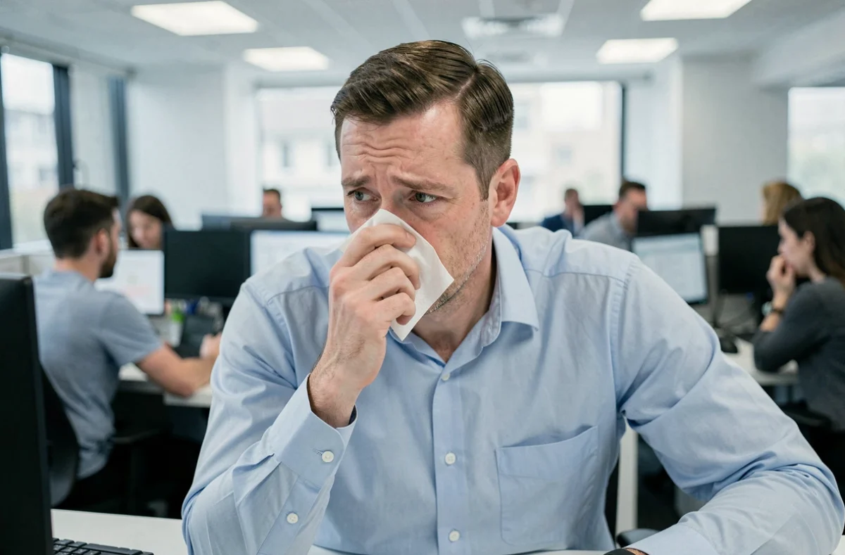 Homme malade au bureau pendant la période de contagion de la grippe tentant de limiter la transmission