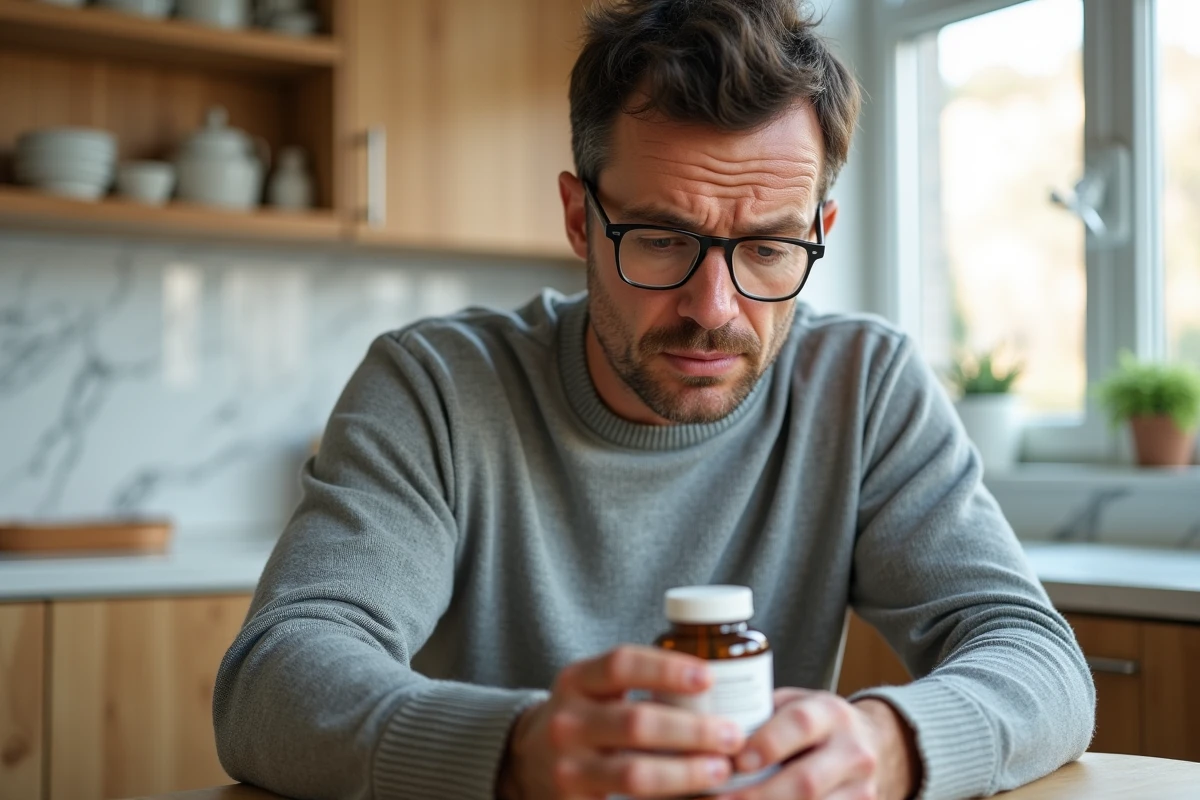 Homme inspectant attentivement l'étiquette d'un flacon Nourix pour détecter les signes d'un produit contrefait