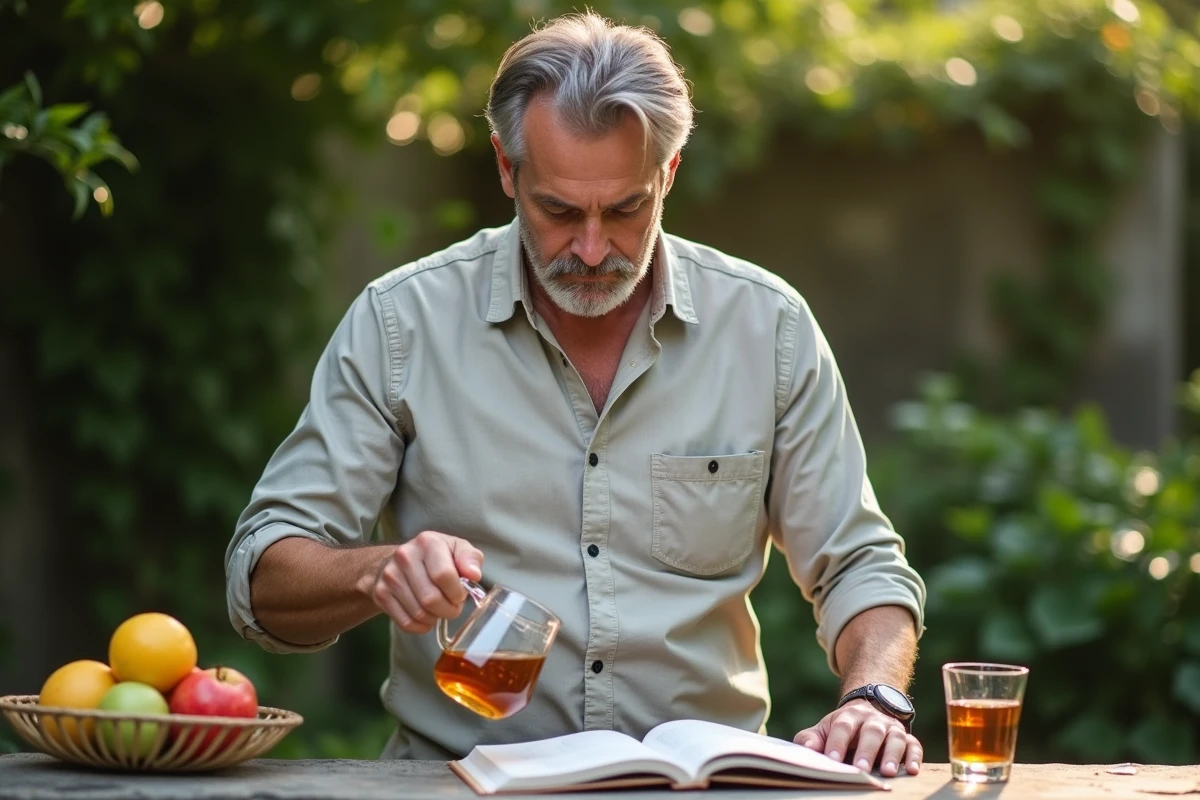 Homme versant du thé detox dans un jardin paisible