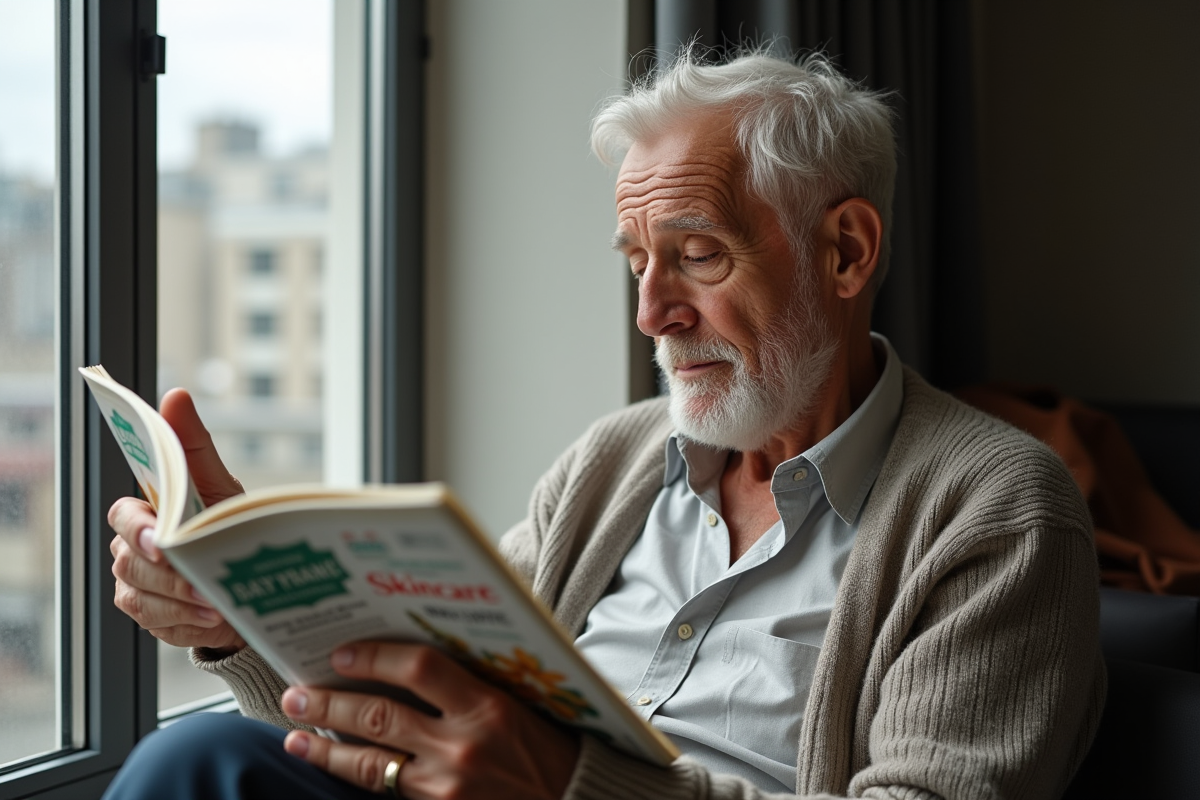 Homme âgé lisant un magazine de soins de la peau