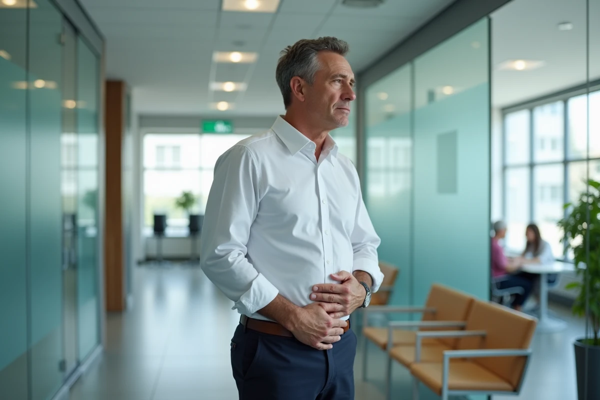 Homme en attente dans une salle de clinique moderne