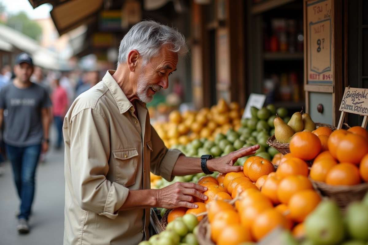 Homme âgé choisissant des fruits dans un marché en plein air