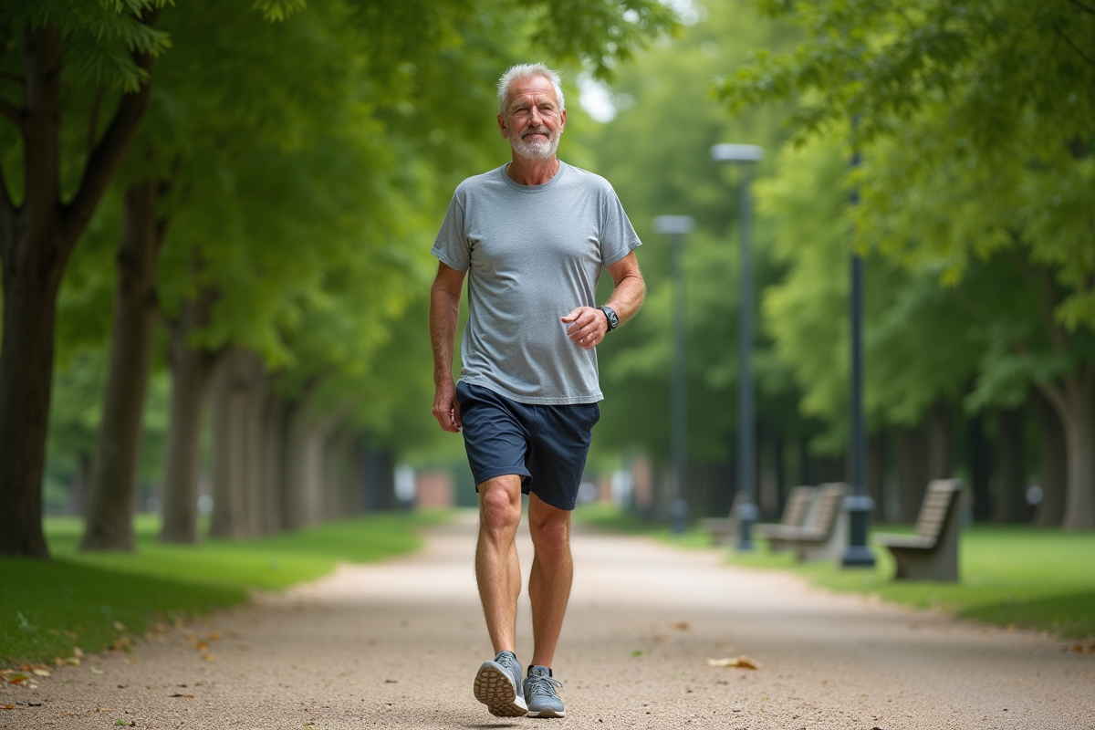 Homme en marche dans un parc avec vêtements de sport