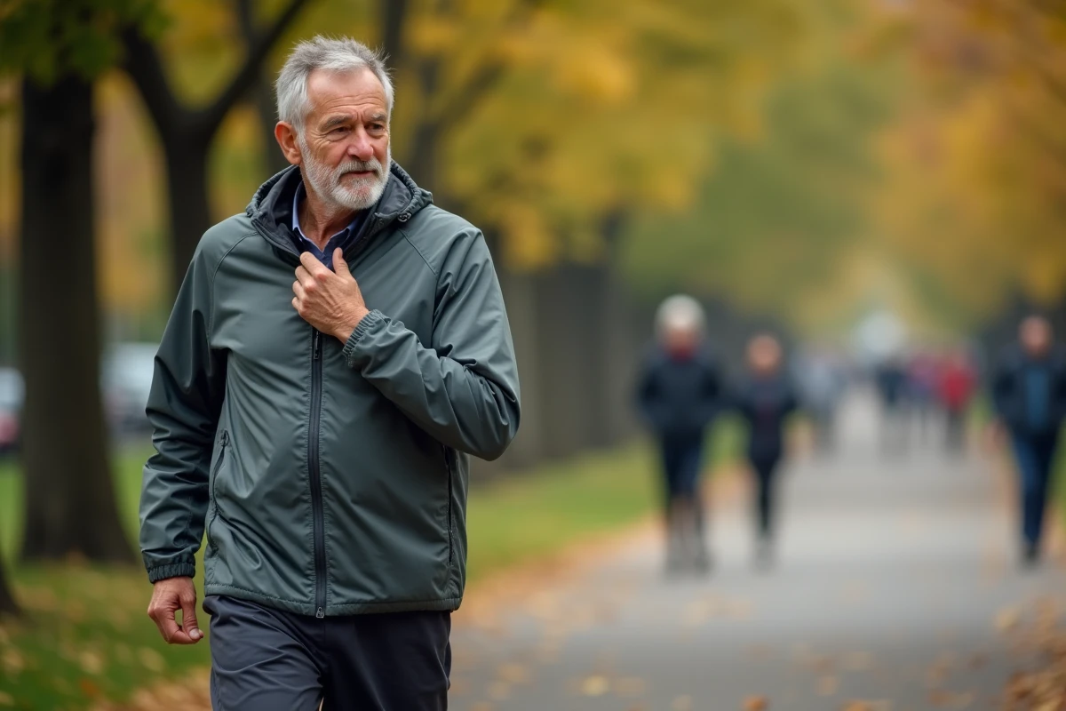 Homme de 60 ans marche dans un parc urbain