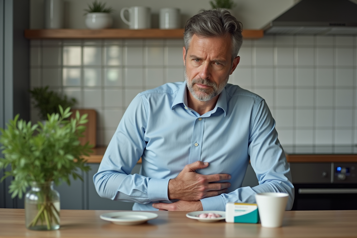 Homme en cuisine avec boîte de médicaments et tisane