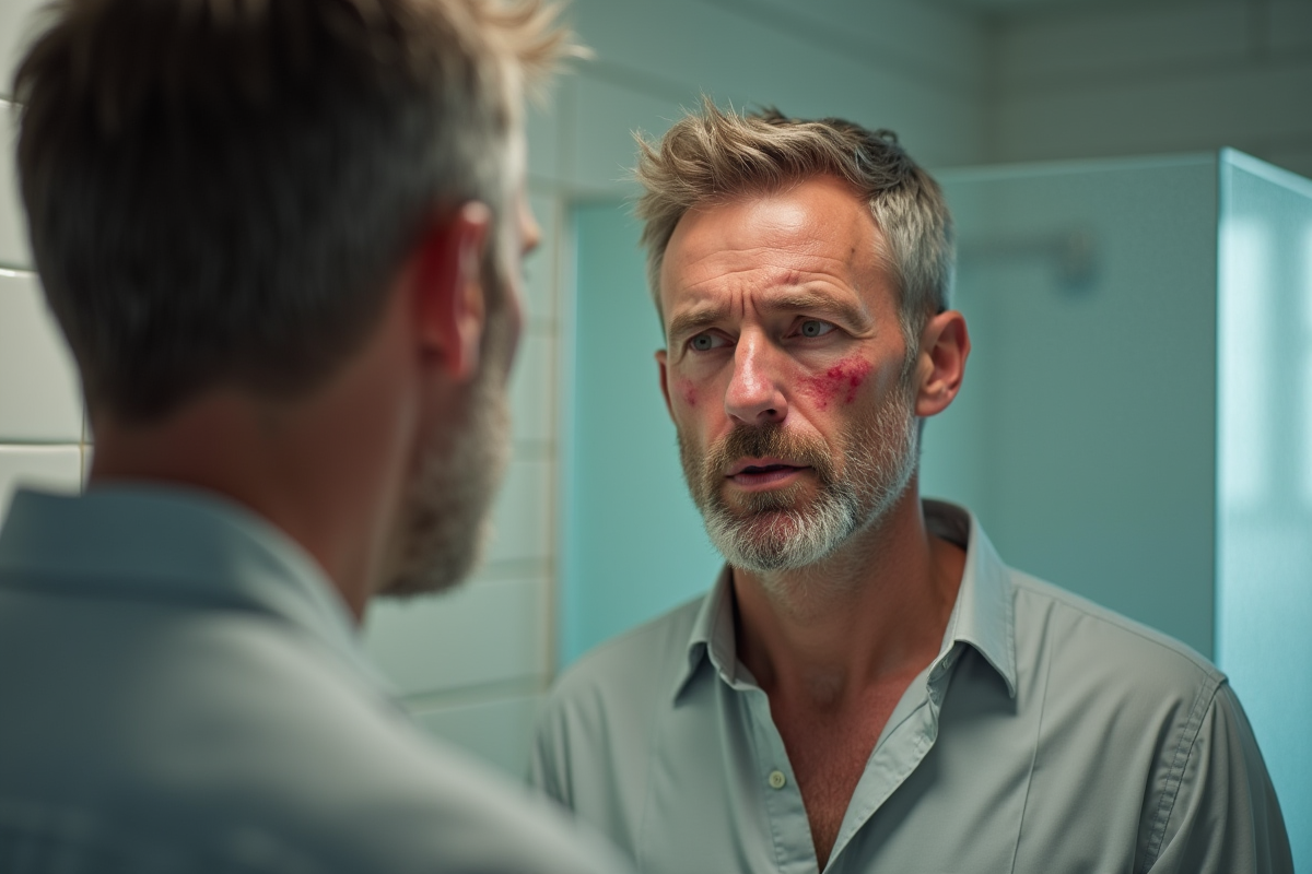 Homme regardant son reflet avec des boutons rouges sur le visage