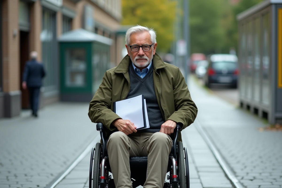 Homme en fauteuil roulant dans la ville en mouvement