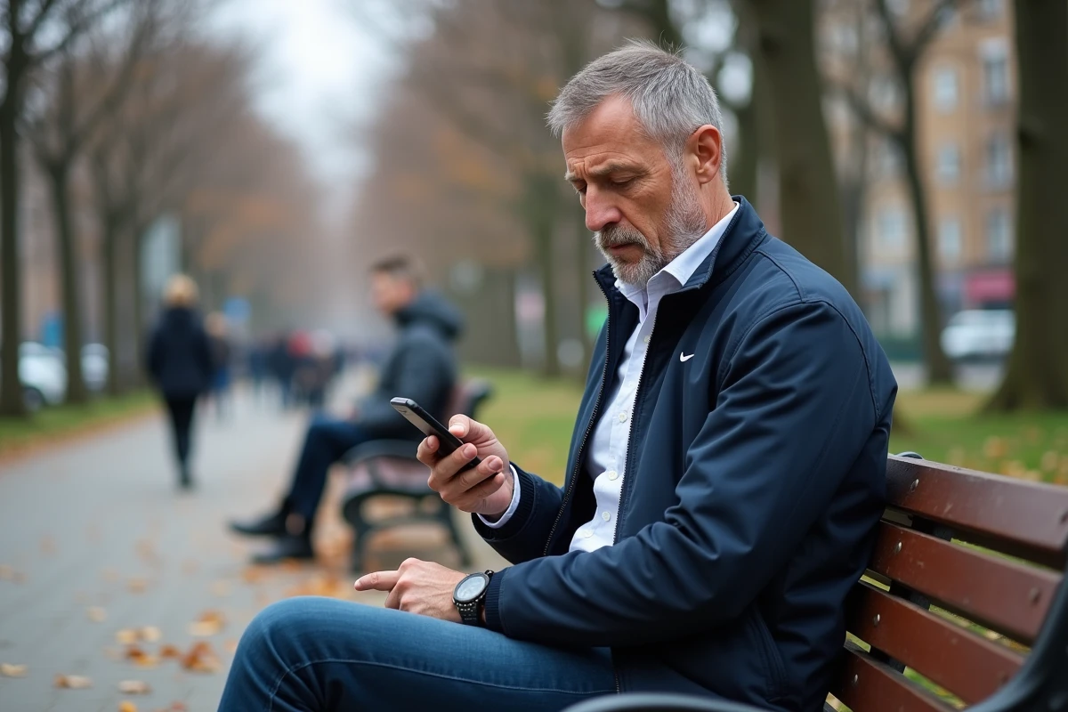 Homme assis dans un parc consultant une application de santé sur son téléphone avec une expression anxieuse