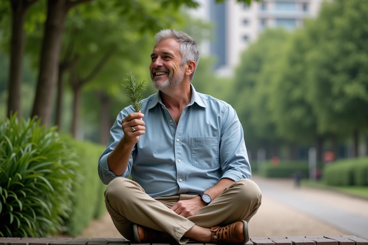 Homme dans un parc sentant un brin de romarin