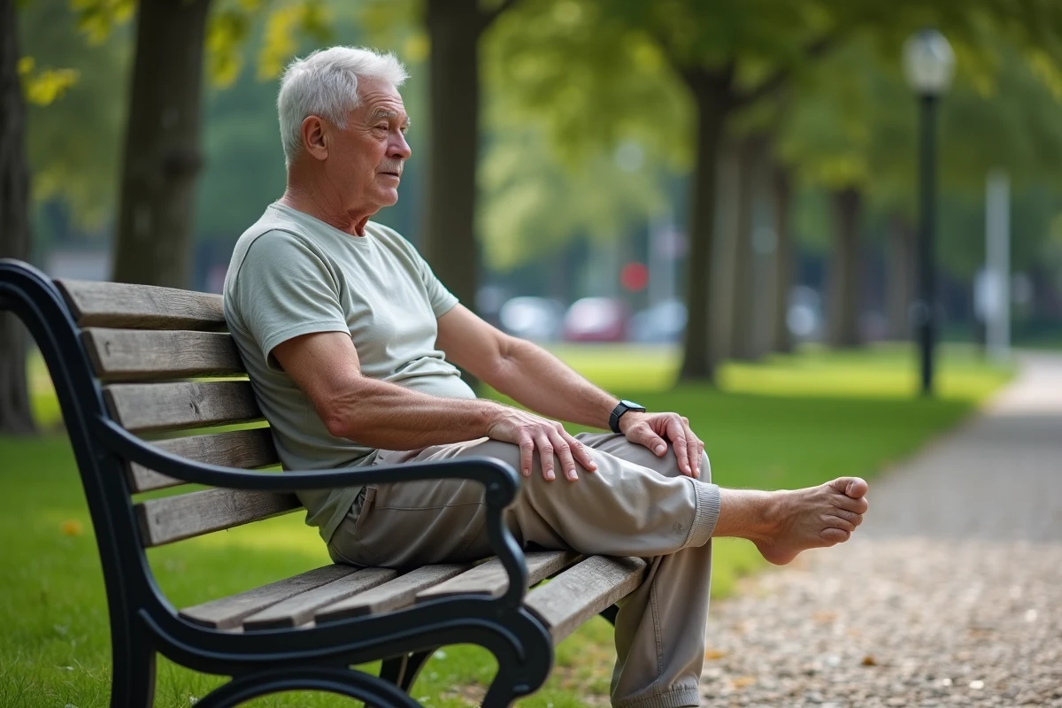 Homme âgé en plein étirement du mollet dans un parc urbain