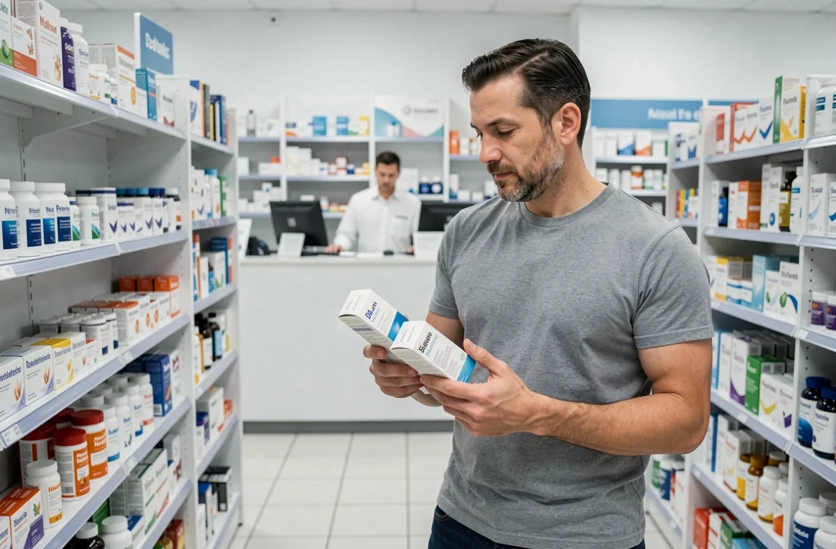 Homme comparant des compléments alimentaires en pharmacie pour évaluer la sécurité d'un usage prolongé