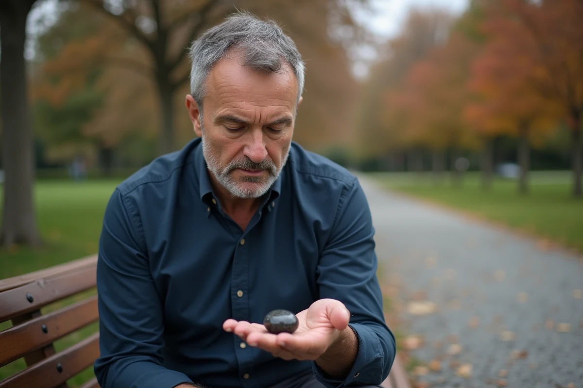 Homme tenant une pierre anti-stress dans la main dans un parc en automne, pratique de pleine conscience et gestion de l'anxiété