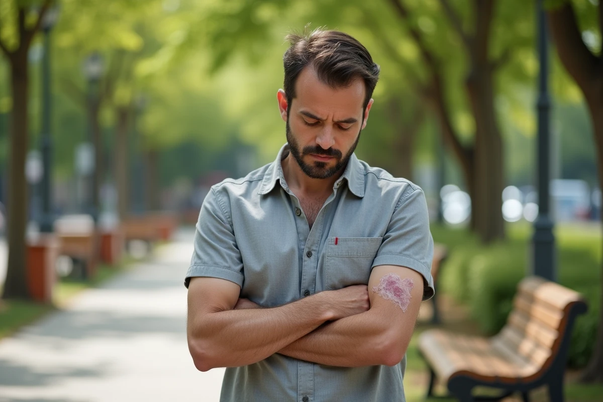 Homme observant une plaque sèche et irritée sur son bras dans un parc, questionnant la nature d'une démangeaison cutanée