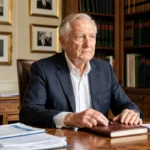Portrait d'un homme politique français âgé assis dans son bureau parisien, expression grave et digne, entouré de documents officiels et de livres juridiques