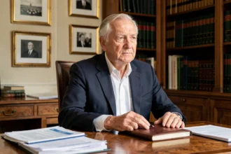 Portrait d'un homme politique français âgé assis dans son bureau parisien, expression grave et digne, entouré de documents officiels et de livres juridiques