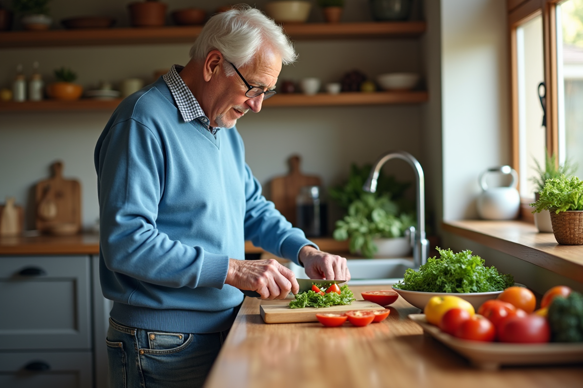 Homme âgé préparant une salade dans la cuisine
