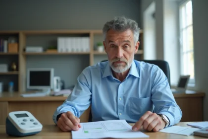 Homme d'âge moyen regardant un graphique de pression artérielle