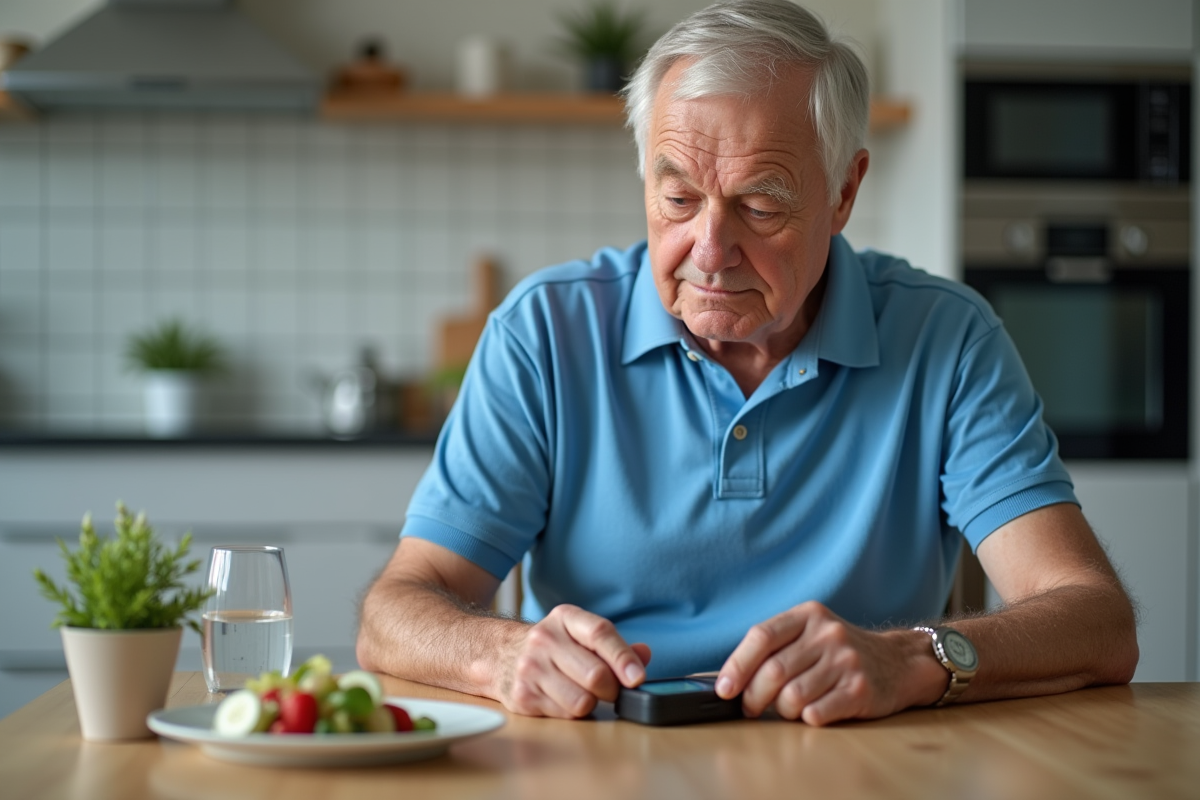 Homme âgé contrôlant son taux de glucose à la maison