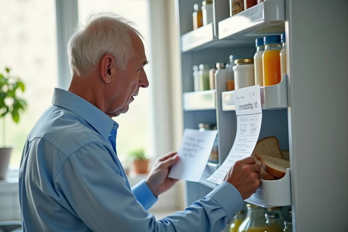 Homme âgé lisant une note dans le réfrigérateur