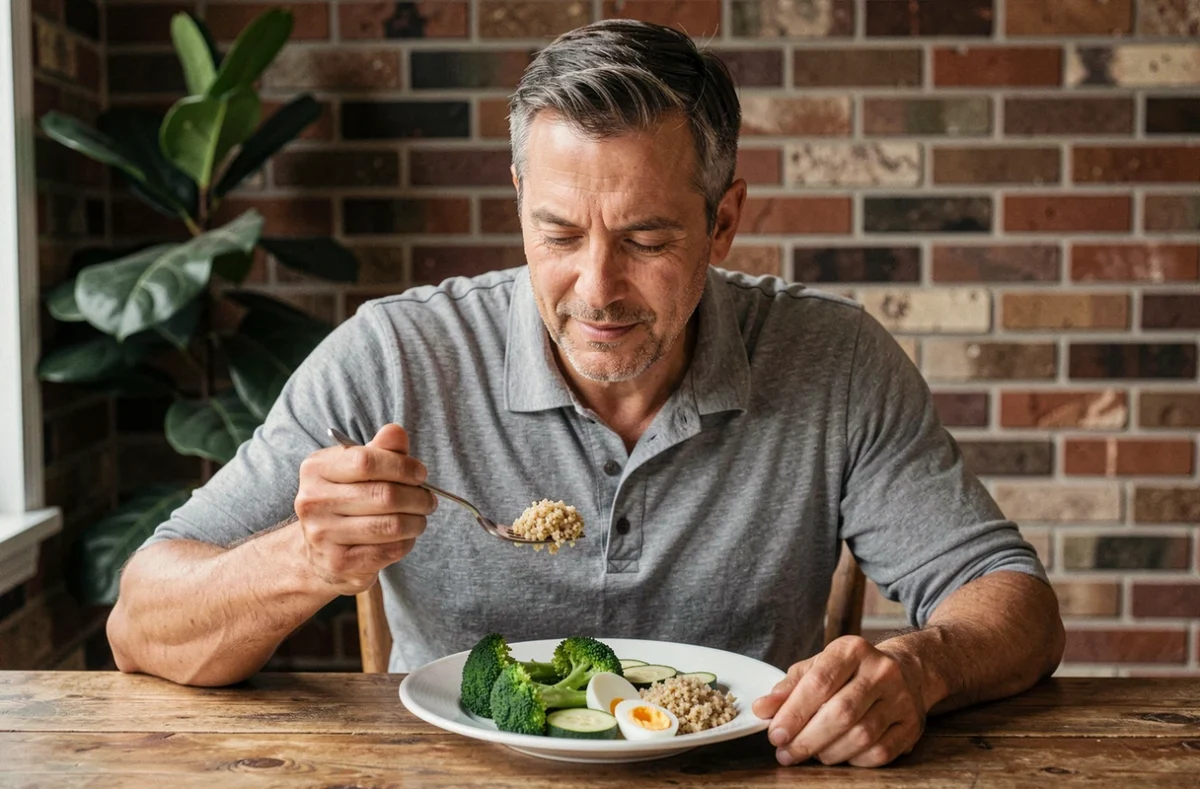 Homme dégustant un repas équilibré et peu calorique composé de légumes vapeur et de quinoa