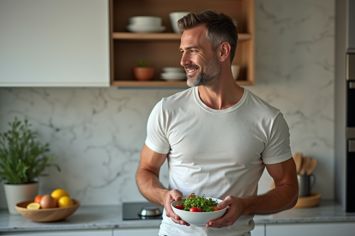 Homme en cuisine regardant une salade fraîchement préparée