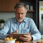 Homme d'âge moyen consulte des infos santé sur une tablette dans la cuisine