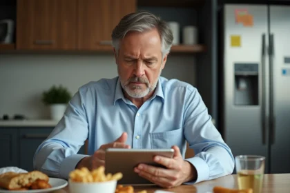 Homme d'âge moyen consulte des infos santé sur une tablette dans la cuisine