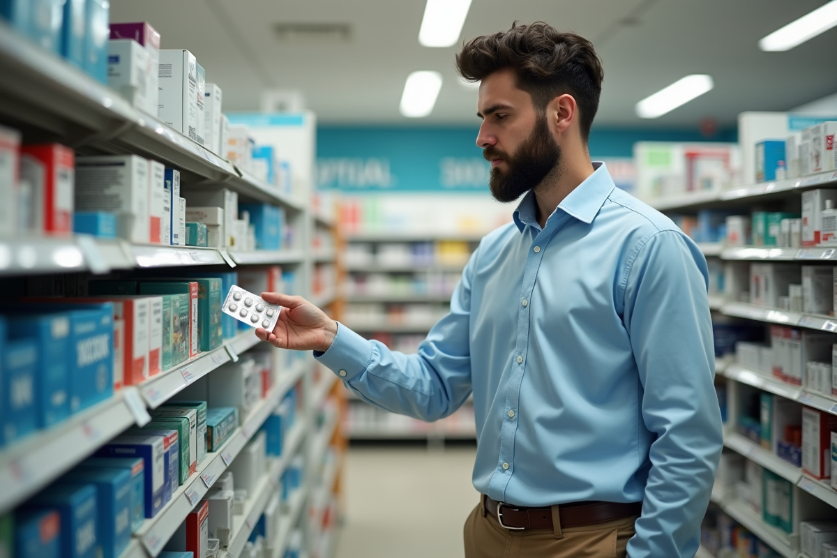 Jeune homme choisissant un médicament anti-nausée en pharmacie