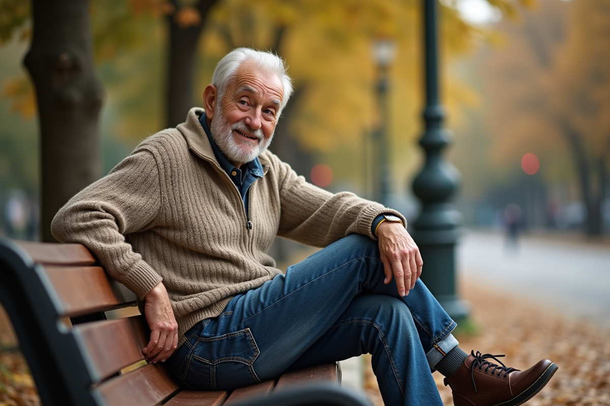 Homme âgé assis sur un banc de parc en automne