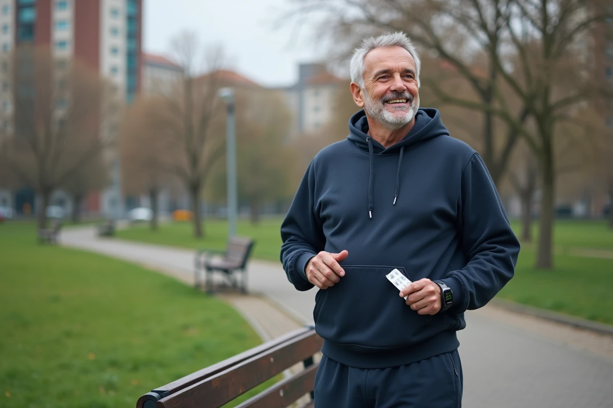 Homme avec tracker fitness dans un parc urbain en journée