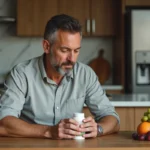 Homme d'âge moyen lisant une bouteille de suppléments herbes