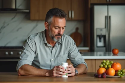 Homme d'âge moyen lisant une bouteille de suppléments herbes