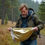 Homme d'âge moyen déployant une couverture de survie dans la forêt