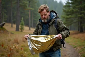 Homme d'âge moyen déployant une couverture de survie dans la forêt