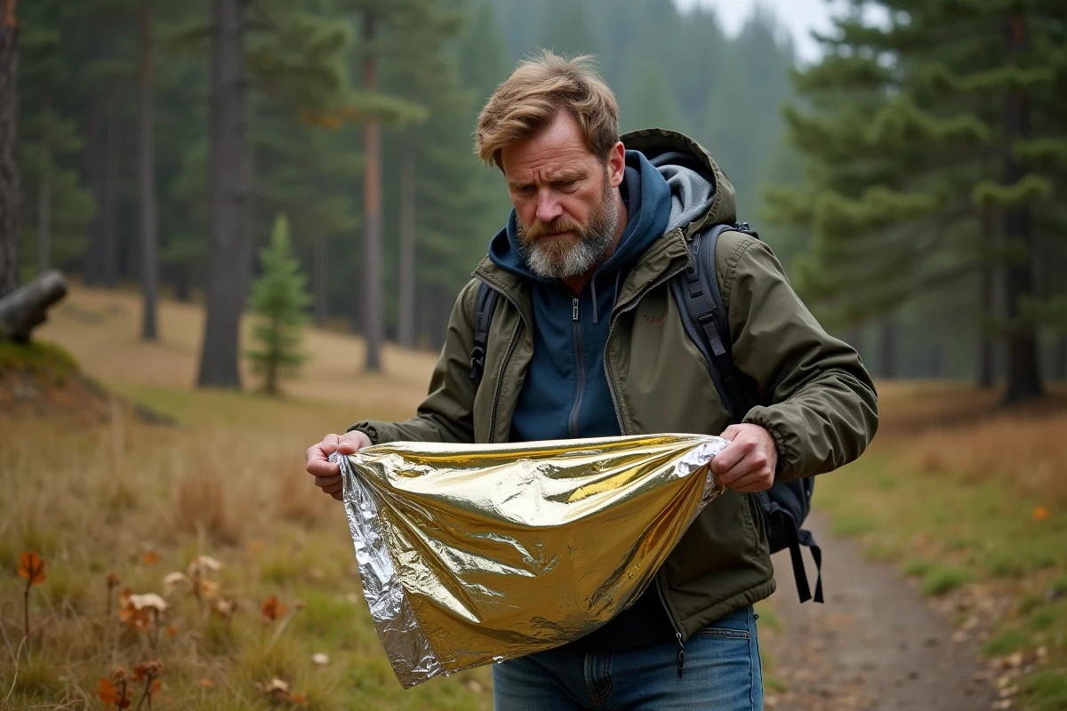 Homme d'âge moyen déployant une couverture de survie dans la forêt