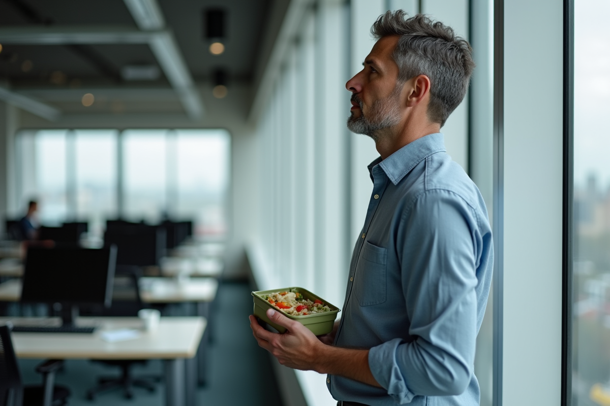 Homme en smart casual regardant par la fenetre du bureau