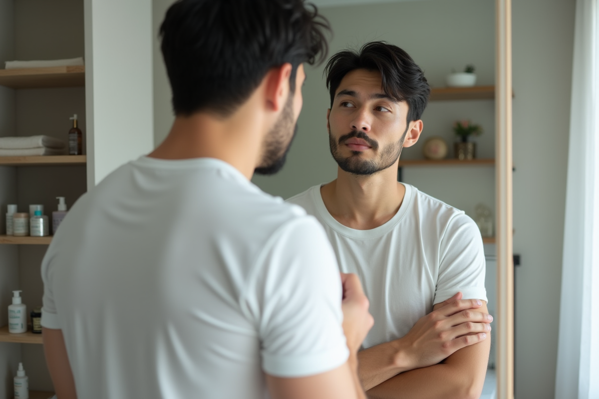 Homme examinant une tache rouge sur le bras