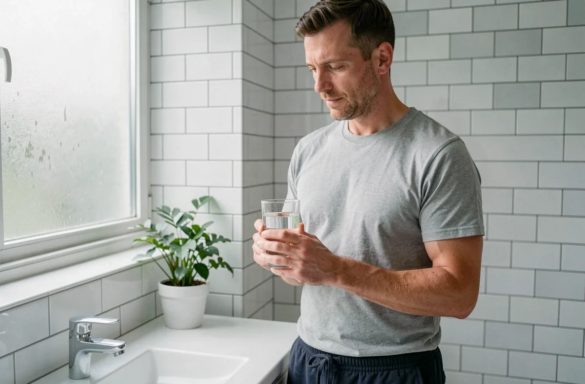 Homme tenant un verre d'eau minérale dans une salle de bain moderne pour soulager un transit ralenti