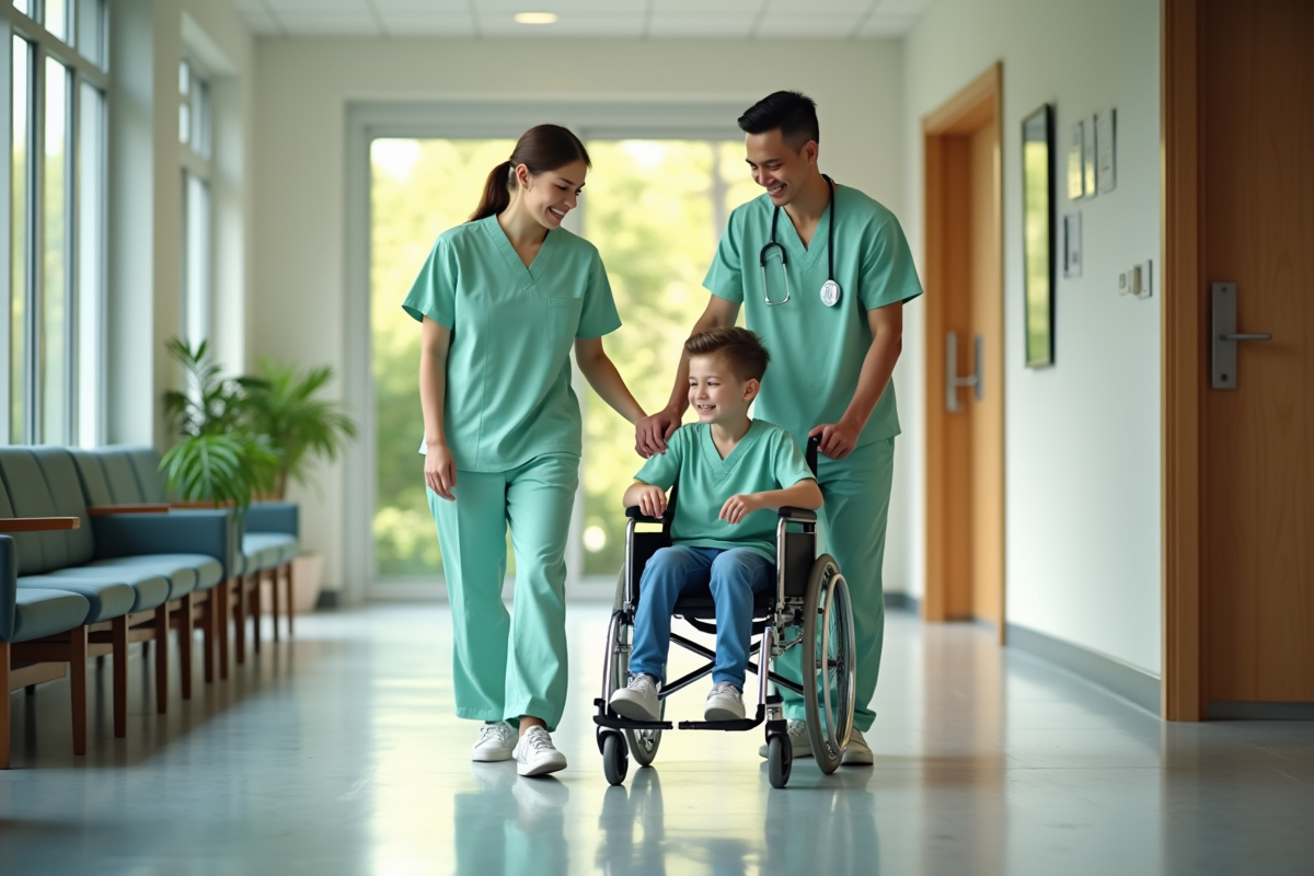 Jeune infirmier guidant un enfant en fauteuil dans un couloir lumineux