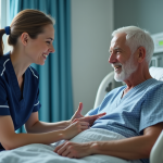 Infirmière en blouse bleue vérifiant le pouls d'un patient âgé