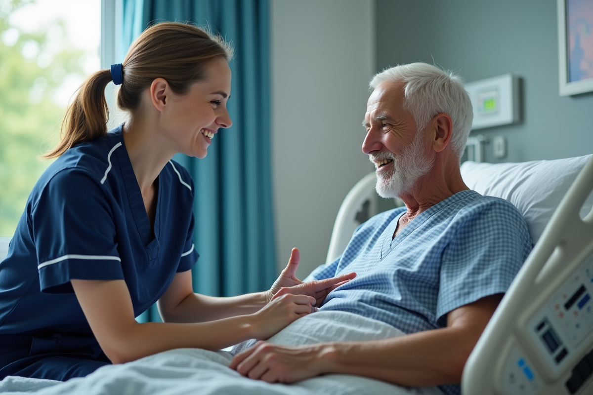 Infirmière en blouse bleue vérifiant le pouls d'un patient âgé