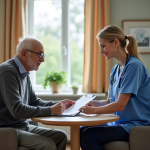 Infirmière en blouse bleue aidant un senior dans une salle de soins