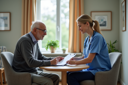 Infirmière en blouse bleue aidant un senior dans une salle de soins