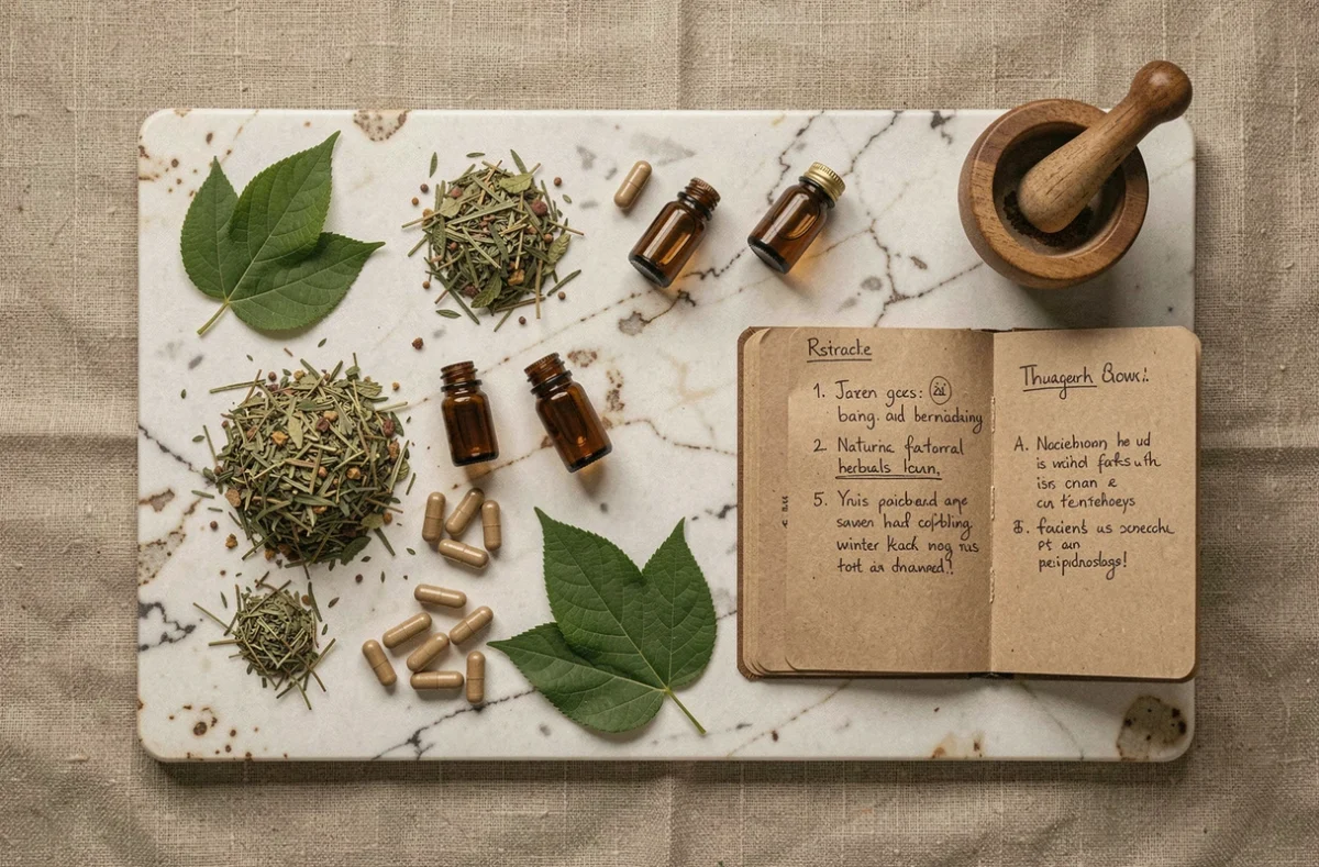 Ingrédients naturels et botaniques du système Indiva System disposés en flat-lay