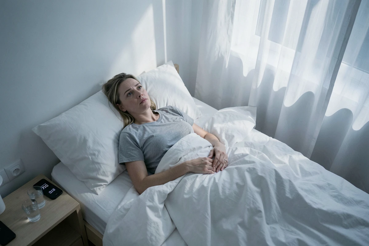 Femme insomniaque allongée dans son lit les yeux ouverts au milieu de la nuit, illustrant les troubles du sommeil comme facteur d'augmentation du taux de gamma glutamyl transférase sans consommation d'alcool