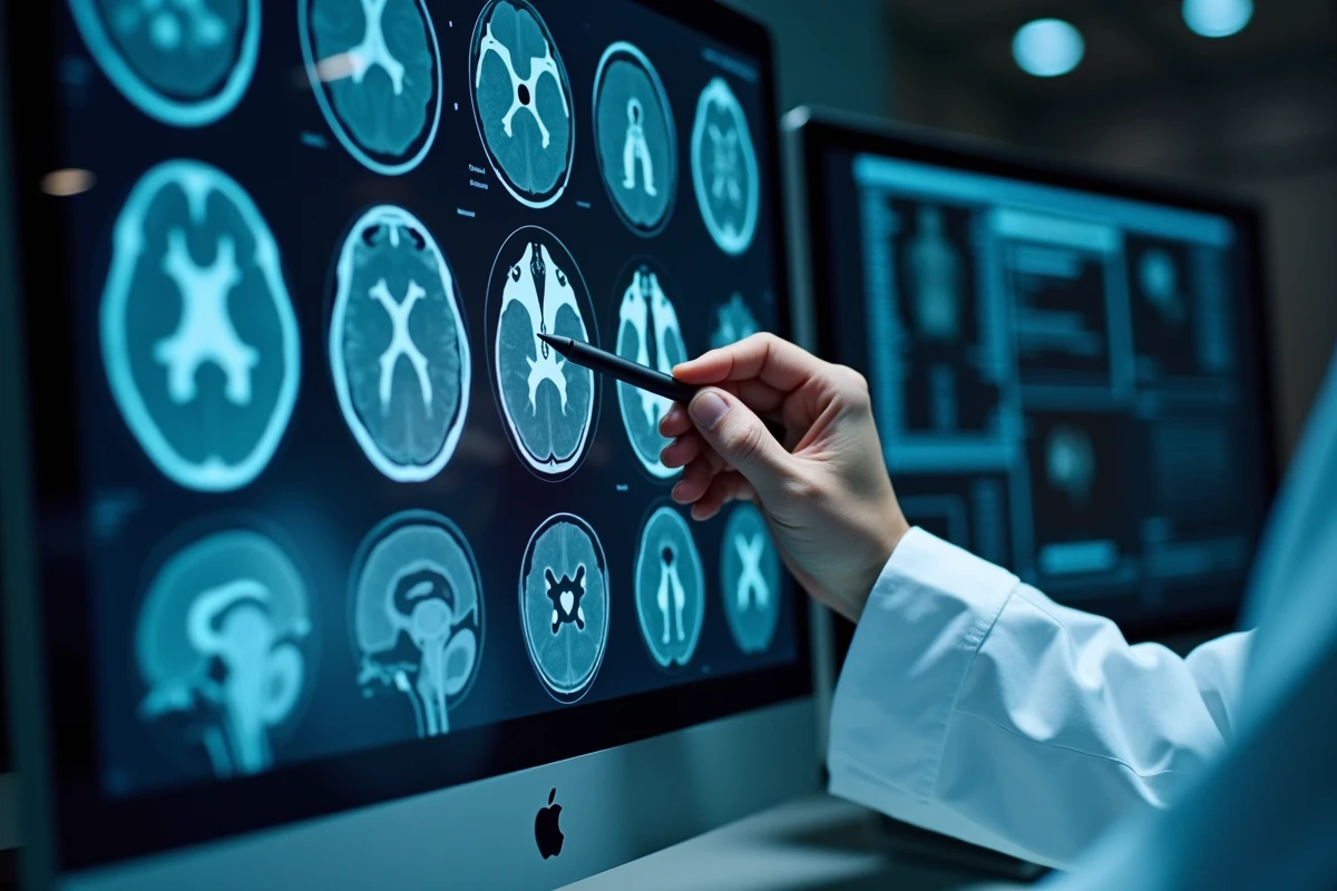 Radiologue pointant des taches blanches sur une IRM du cerveau affichée sur un écran de radiologie en milieu hospitalier