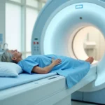 Femme allongée dans un IRM ouvert sans claustrophobie dans un centre d'imagerie médicale moderne