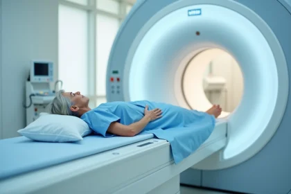 Femme allongée dans un IRM ouvert sans claustrophobie dans un centre d'imagerie médicale moderne